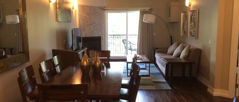 TV, fireplace, DVD player, books