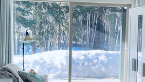 Quarto aconchegante com sofá cinzento, almofadas coloridas e vista para uma floresta nevada através de grandes portas de vidro.