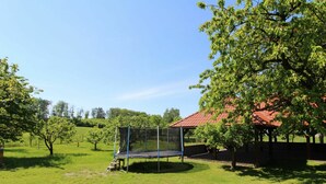 En studsmatta på en gräsyta, med en byggnad med rött tak i närheten.