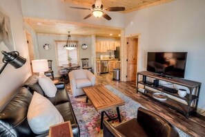 Smart TV, fireplace, books