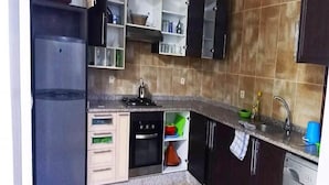 Eine Küche mit Herd, Backofen, Spüle und Waschmaschine.