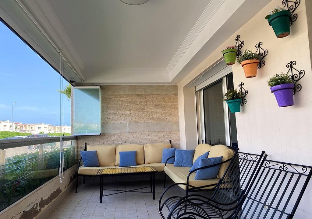 Un balcon avec un canapé, une chaise et des plantes en pot.