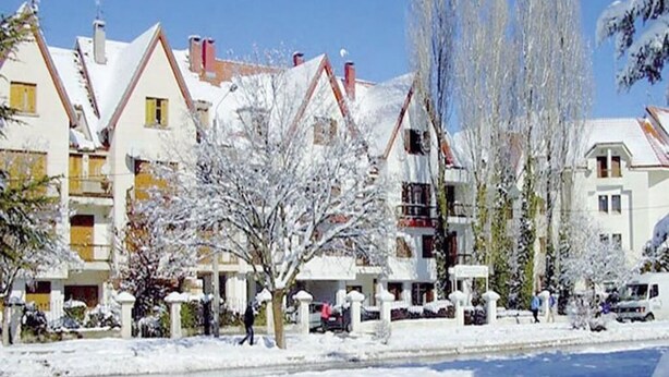 Una hilera de edificios tradicionales de estilo europeo con tejados nevados y árboles.