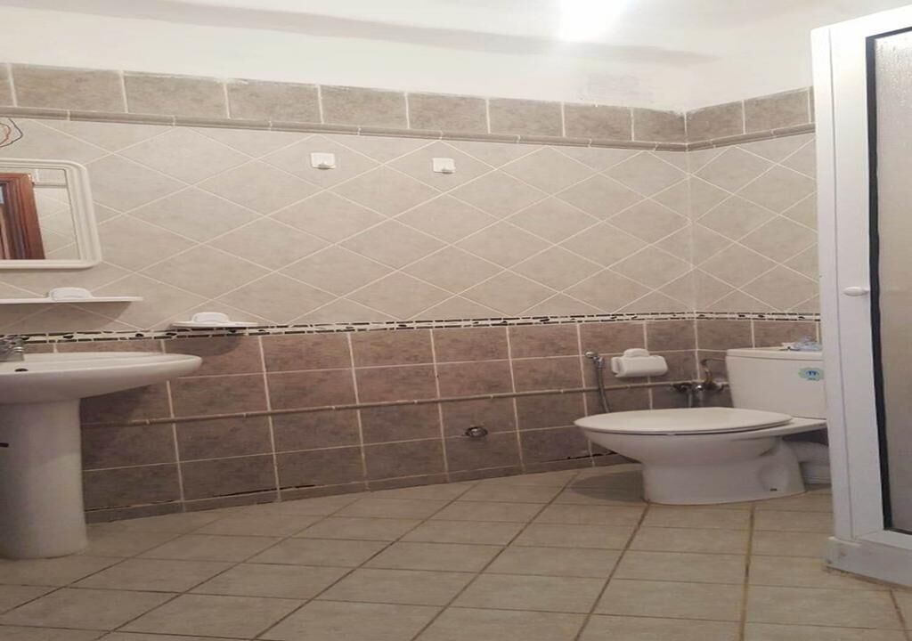 Een badkamer met een wastafel, toilet en spiegel.