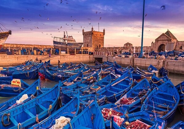 Un puerto lleno de barcos azules, una torre de piedra y un edificio con techo puntiagudo.