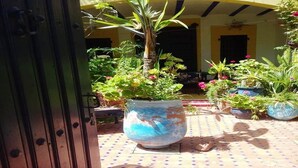 Un espacio al aire libre con plantas en macetas y piso de baldosas.