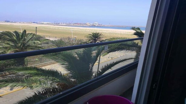 Une vue depuis un balcon donnant sur une plage bordée de palmiers, sous un ciel dégagé.
