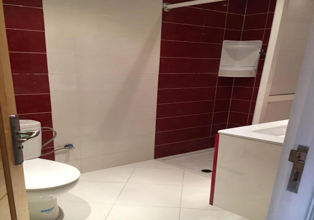 Un bagno con il water bianco, una cabina doccia e un lavandino.
