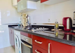 Kühlschrank, Ofen, Herdplatte, Wasserkocher mit Kaffee-/Teezubehör