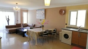Un salon comprenant un canapé, une table basse, une table à manger et des chaises. La cuisine est équipée d’un lave-linge et d’un évier.