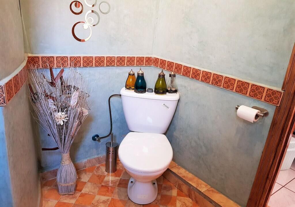 Et badeværelse med et hvidt toilet, en vase med tørrede blomster og en toiletpapirholder.