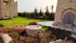 Un patio con estructuras de piedra, una entrada con mosaicos y un jardín con flores y un cactus.