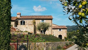 A stone house with a tiled roof, surrounded by greenery and a clear sky. - Private Villa with private pool, A/C, WIFI, sauna, hot tub, TV, patio, close to Greve In Chianti (Radda In Chianti)