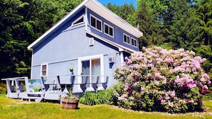 A two-story house with a blue exterior, a porch with white railings, and a large flowering bush in the foreground. - Cozy 4bd - Ski Okemo, Killington, Magic & Bromley (Chester)