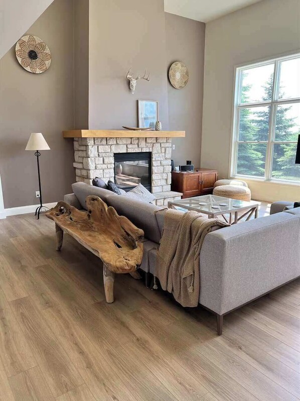 Smart TV, fireplace, DVD player, stereo