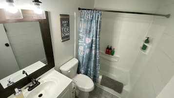 Combined shower/tub, hair dryer, towels, soap