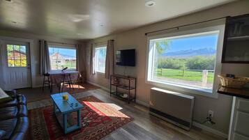 Una Smart TV, libros, un reproductor estéreo