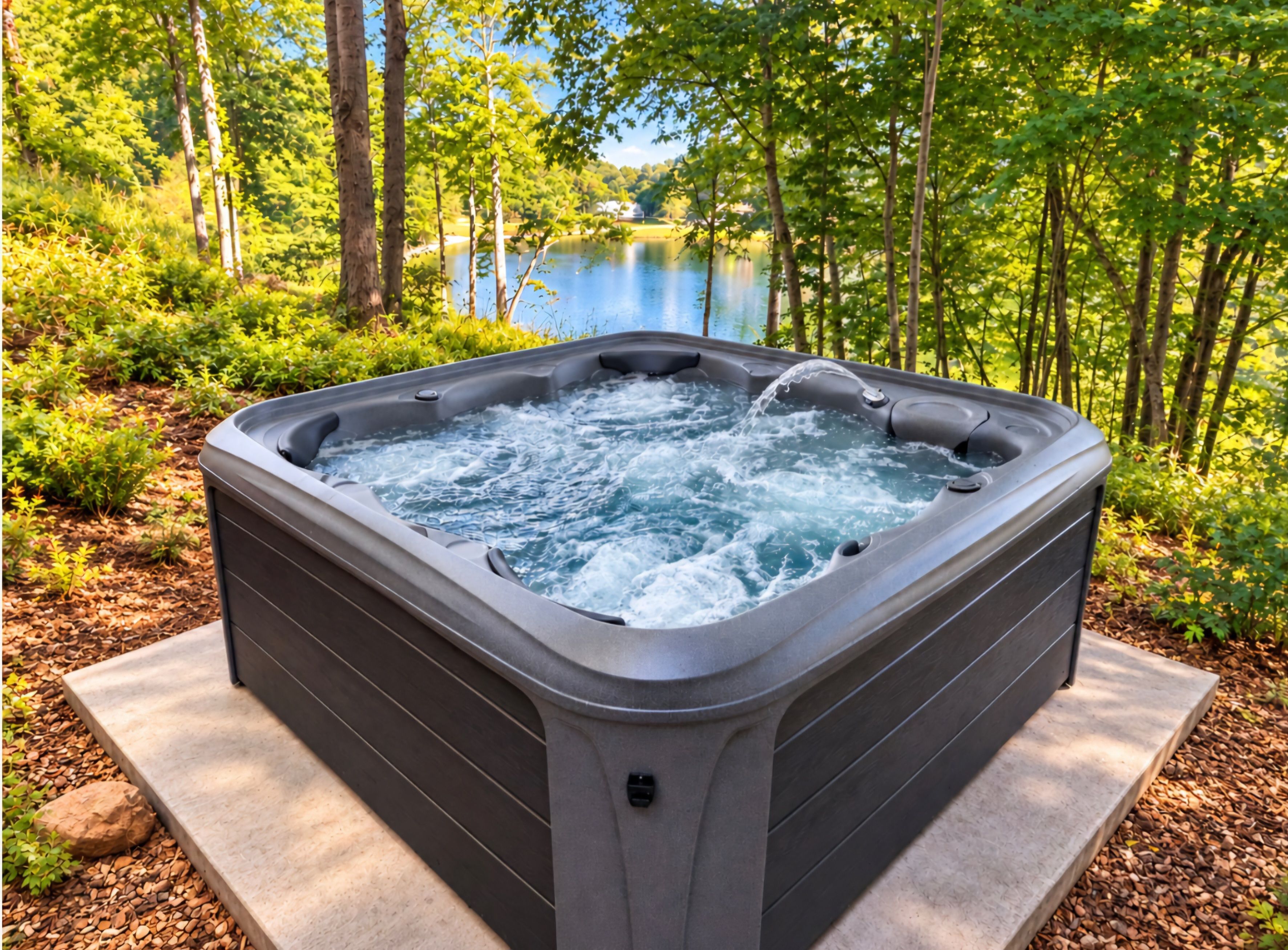 Relax in the private hot tub with tranquil lake views and wooded surroundings