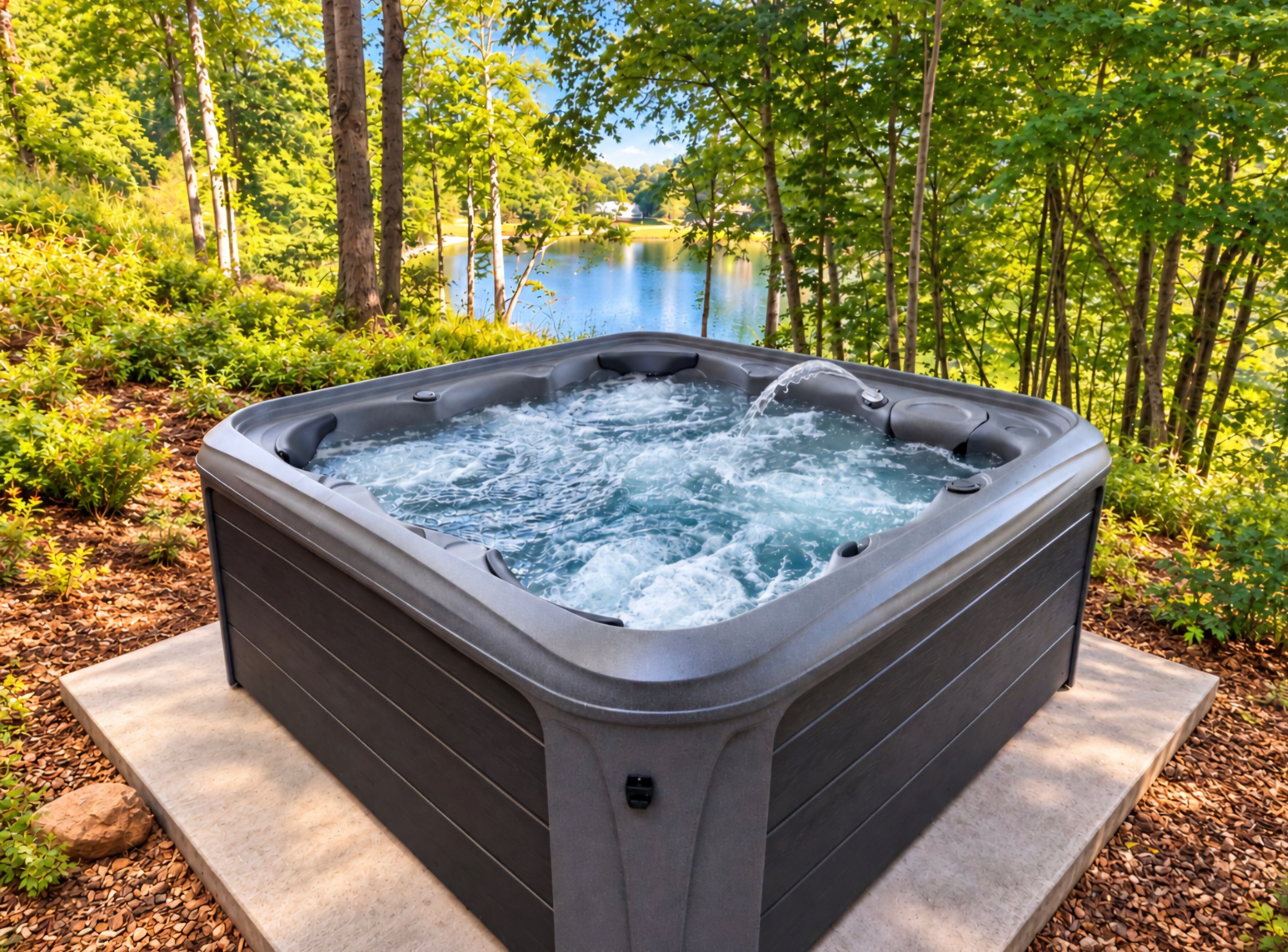Relax in the private hot tub with tranquil lake views and wooded surroundings