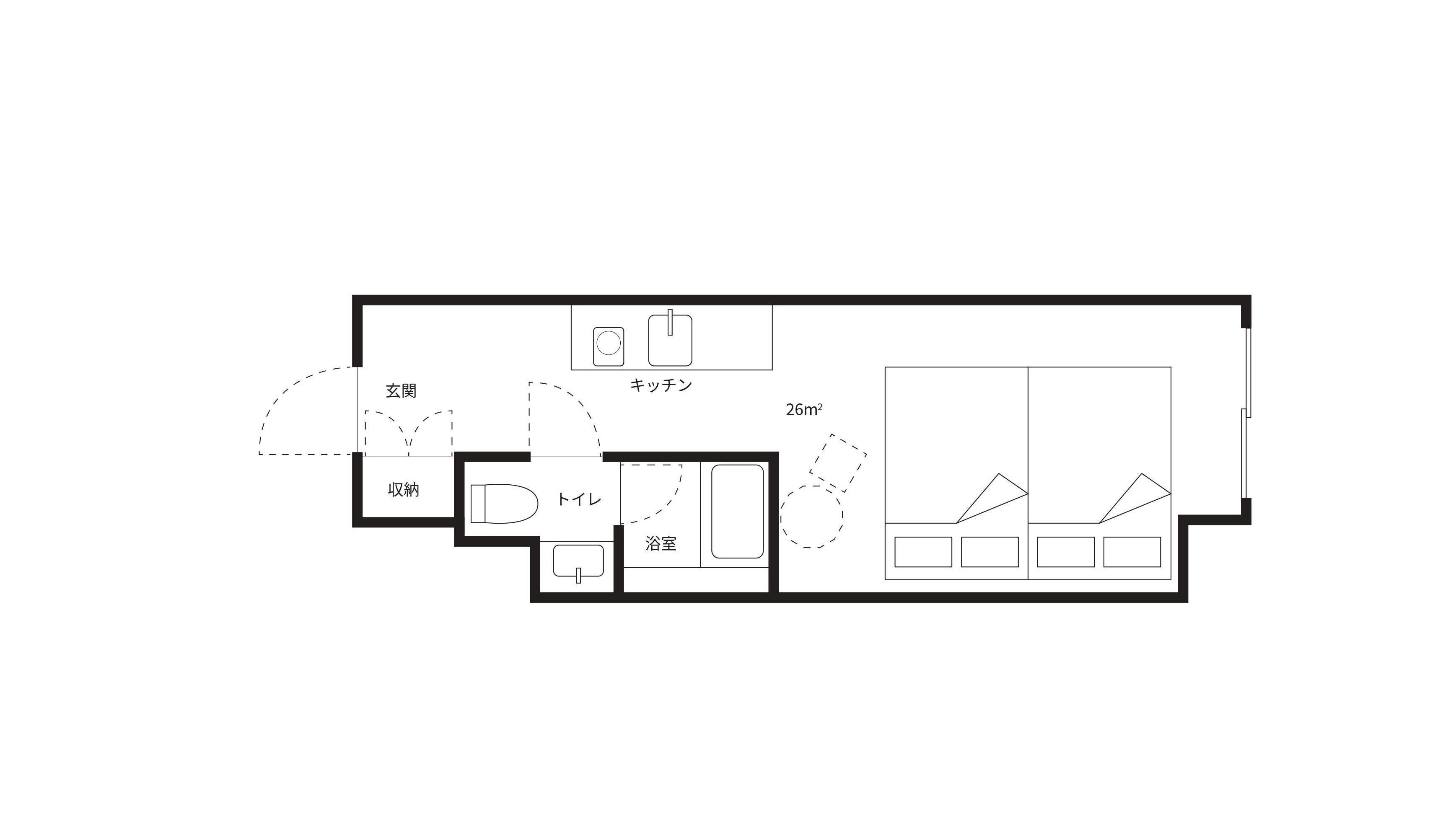 Een plattegrond met een woonkamer, keuken, badkamer en twee slaapkamers.