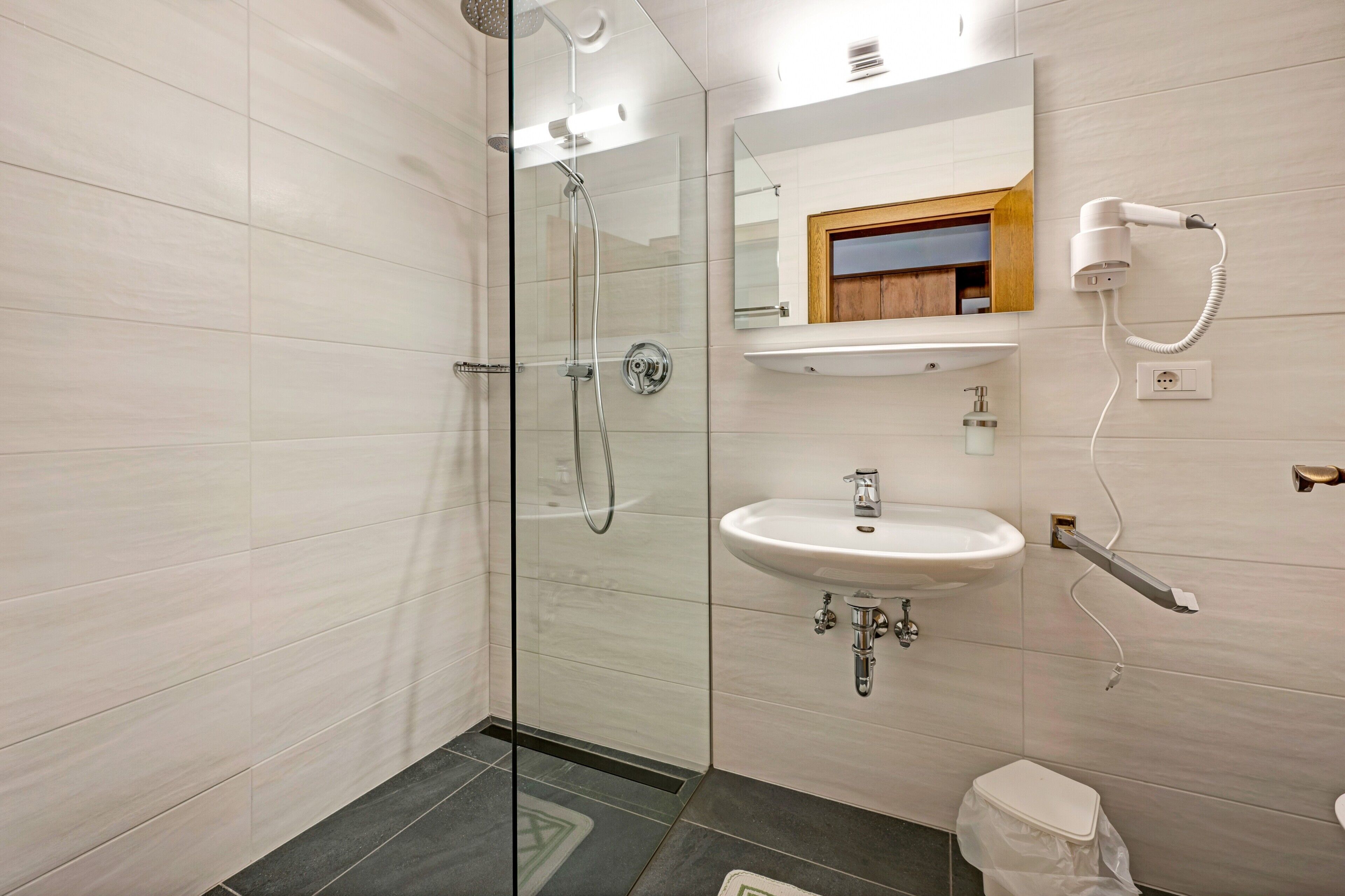 Shower, hair dryer, towels