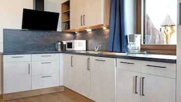 Kühlschrank, Mikrowelle, Herdplatte, Geschirrspüler