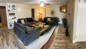 Smart TV, fireplace, books