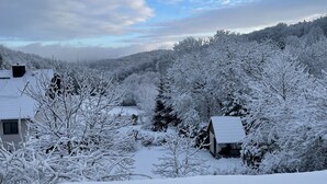 Un paisaje cubierto de nieve con casas y árboles.