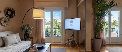 Smart TV, fireplace, DVD player, books