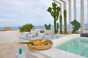 A poolside area with a hot tub, a fruit bowl, and cacti. - Musae al Mare (Polignano a Mare)