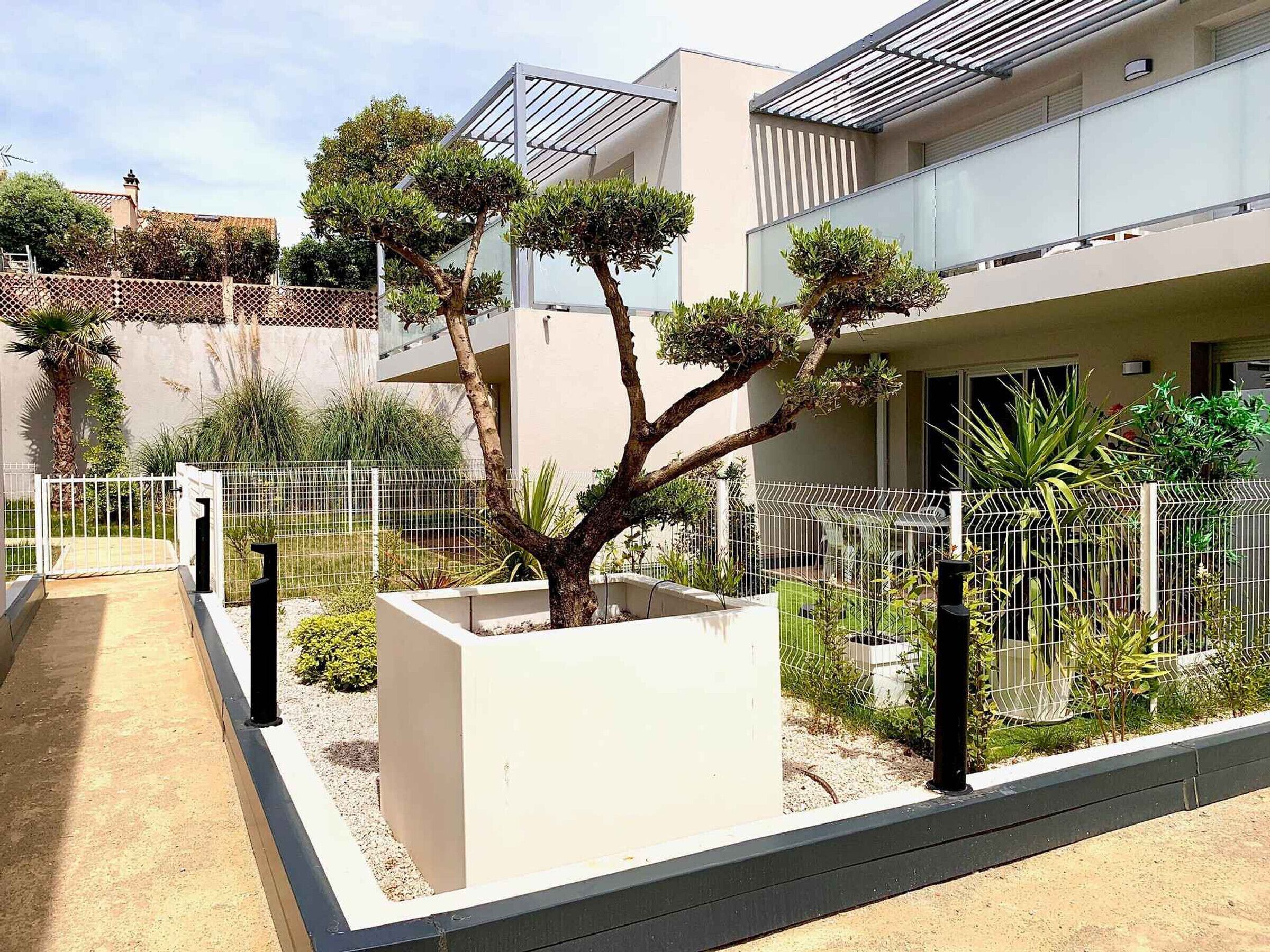 A modern building with a courtyard, a tree, and a metal fence.