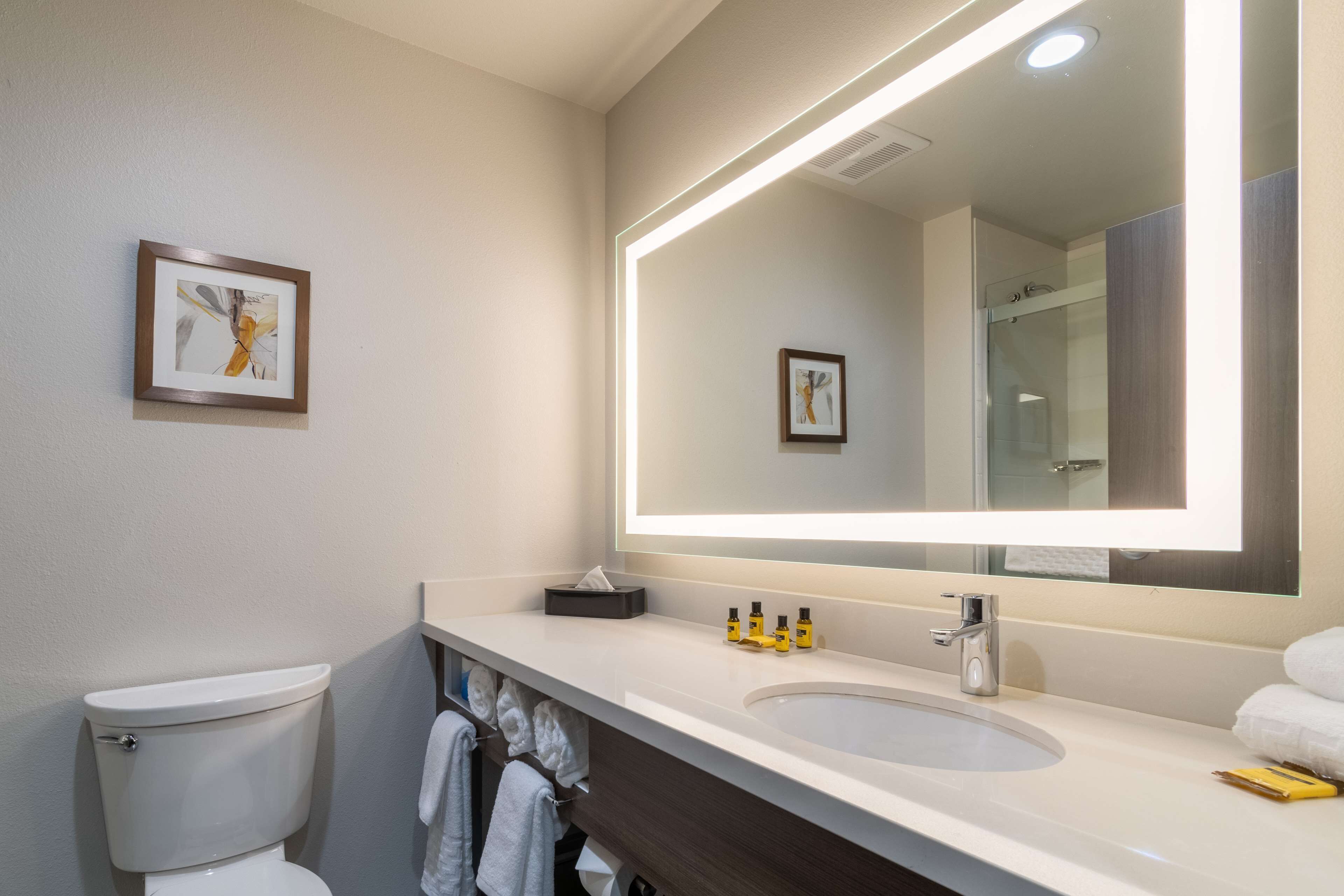 rainfall showerhead, hair dryer, towels, soap