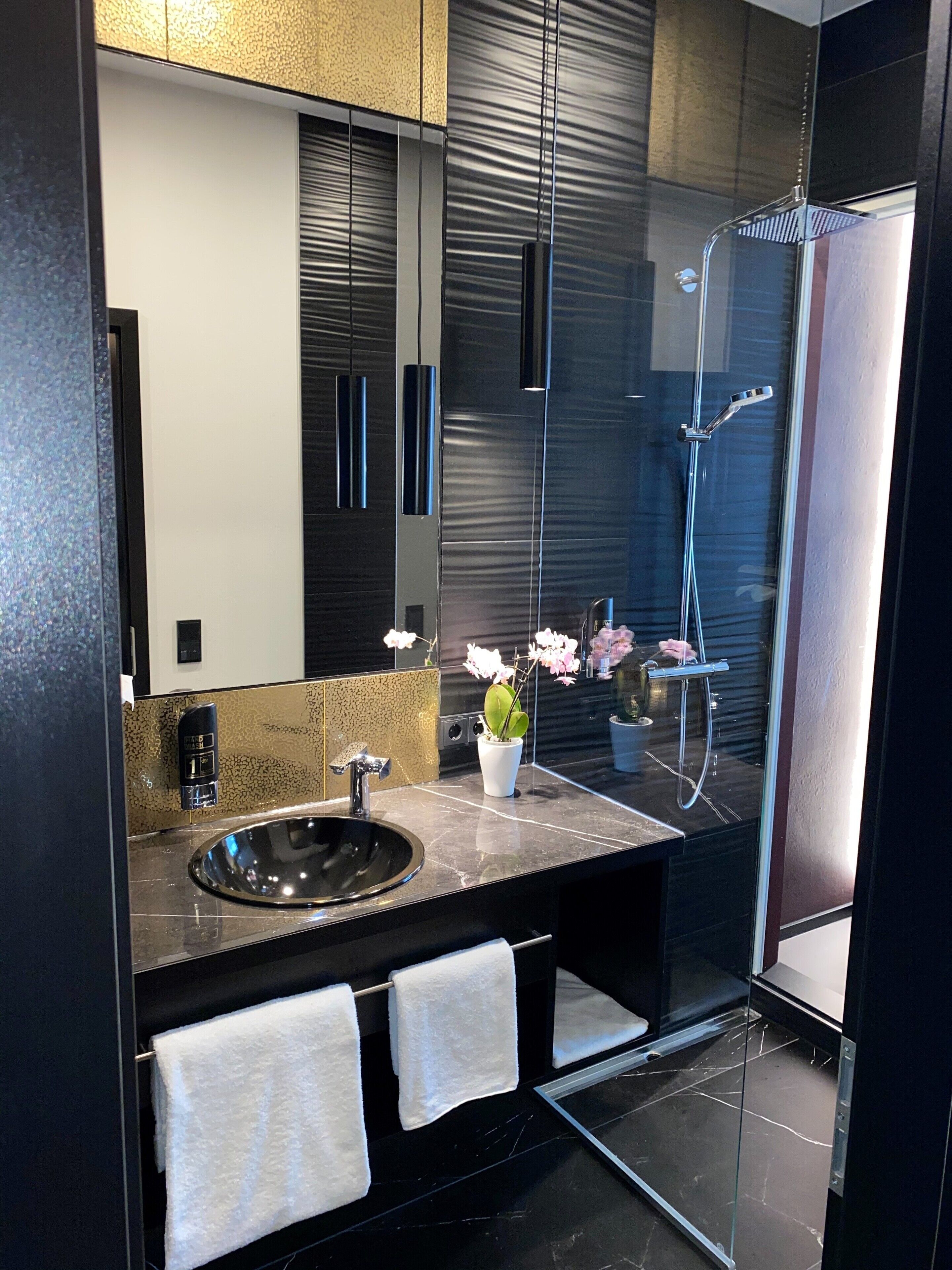 Douche à « effet pluie », sèche-cheveux