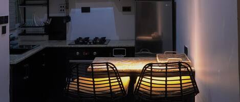 Fridge, microwave, oven, stovetop