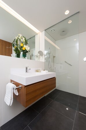 Shower, rainfall showerhead, hair dryer, bathrobes - Fraser Suites Geneva (Geneva)