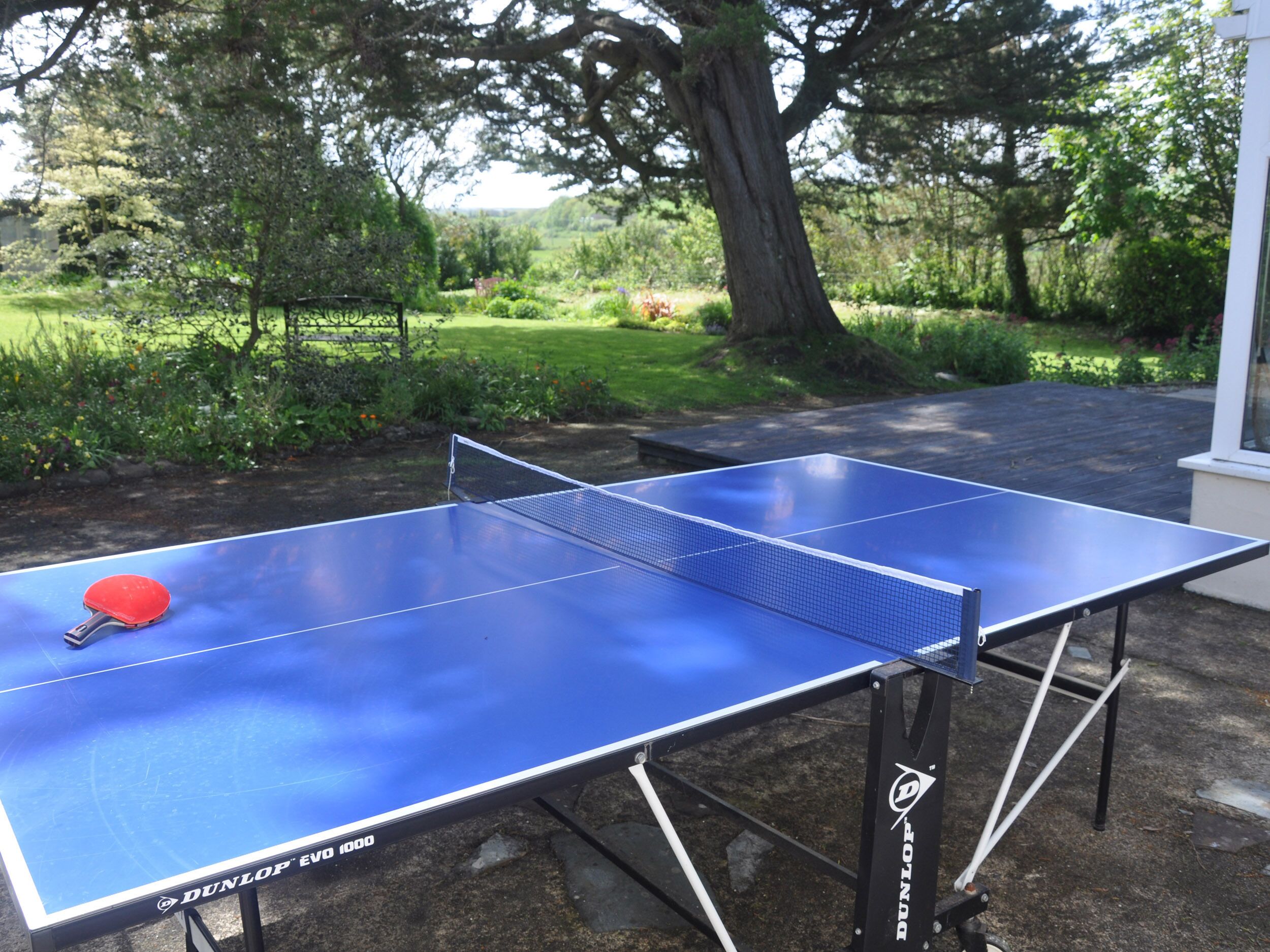 An outdoor ping pong table with a red paddle, surrounded by greenery and a tree.