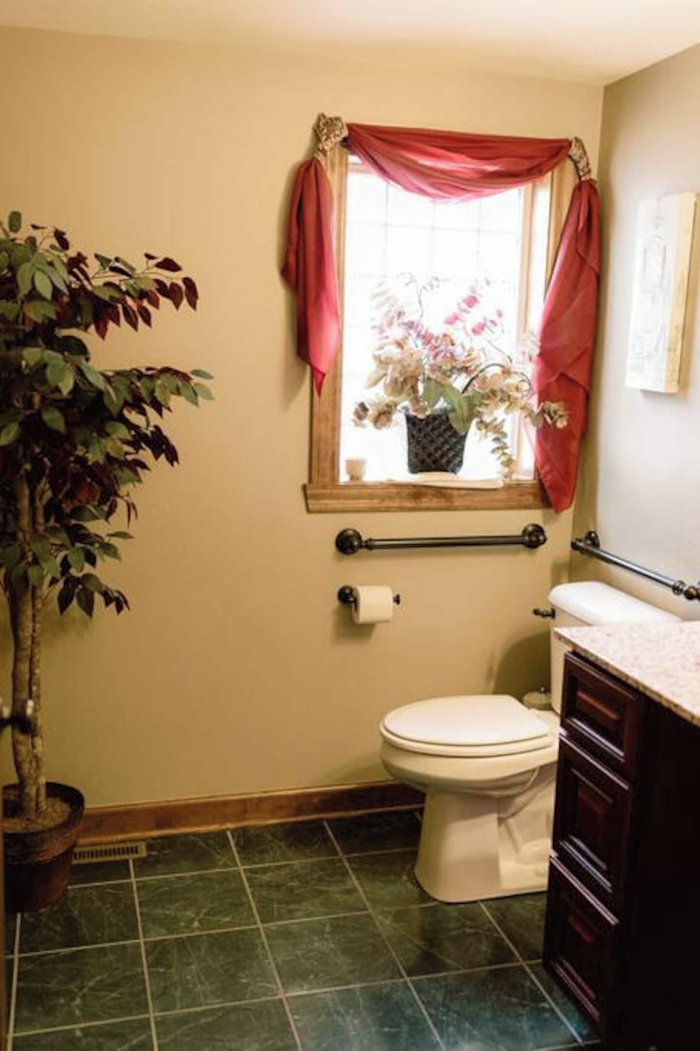 A bathroom with a toilet, a window with a red curtain, a plant, and a towel rack.