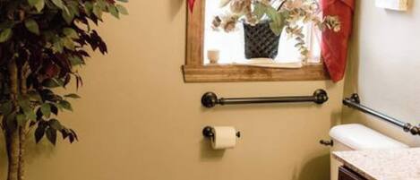 A bathroom with a toilet, a window with a red curtain, a plant, and a towel rack.