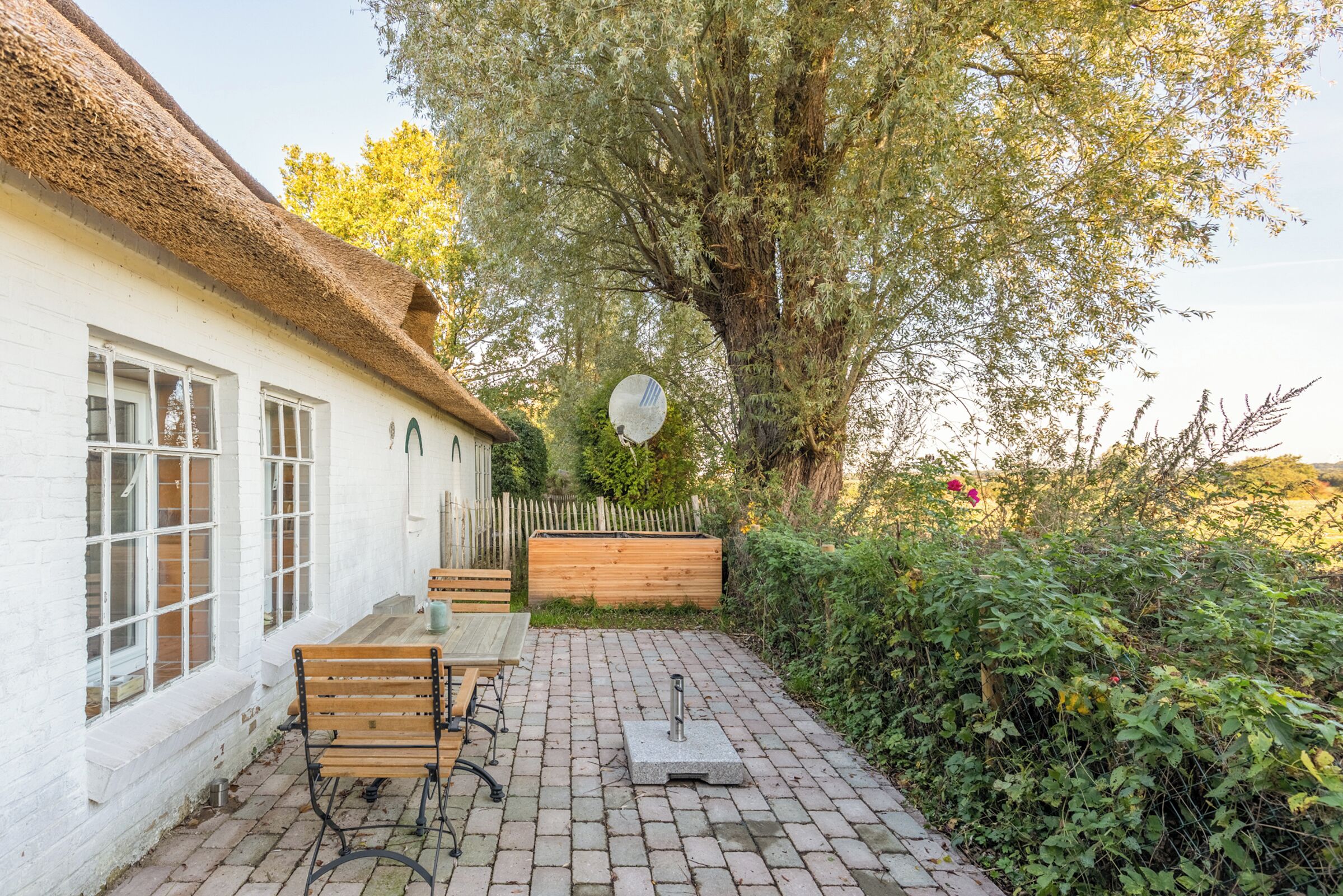 Ein weißes Gebäude mit einem Strohdach, einer gepflasterten Terrasse mit Bänken und ein großer Baum im Hintergrund.