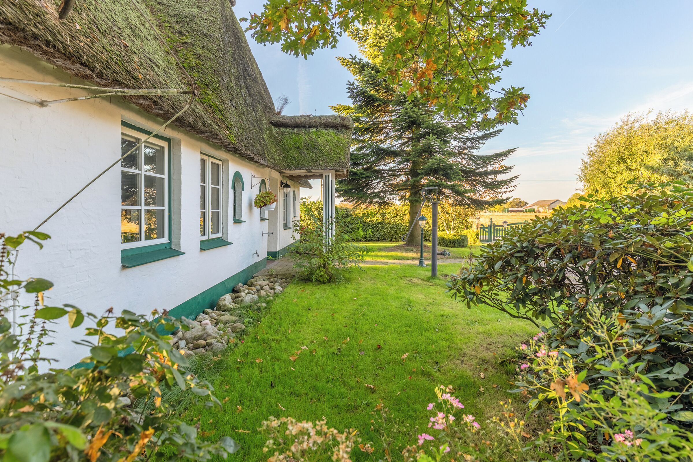 A traditional thatched-roof house with a white exterior and green trim, surrounded by a well-maintained garden with various plants and a clear sky.
