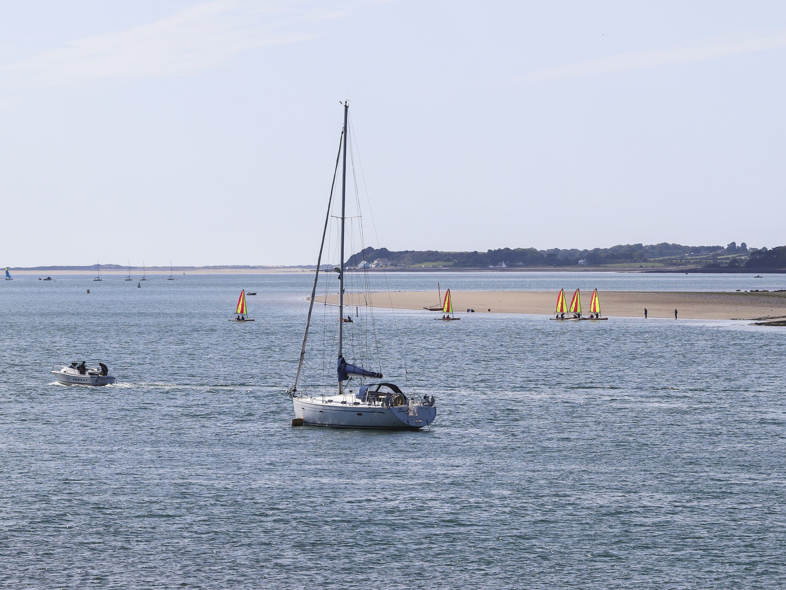 A calm sea with several sailboats and a motorboat.