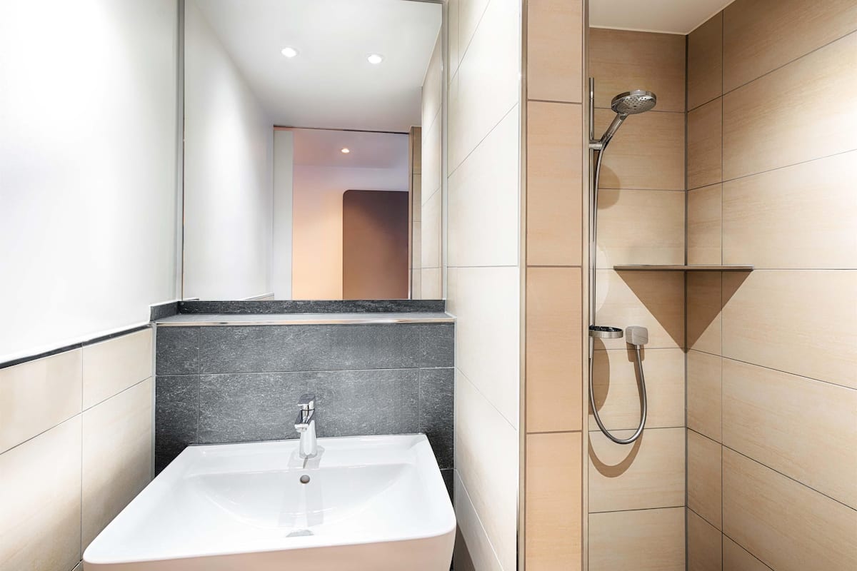 shower, hair dryer, soap, shampoo