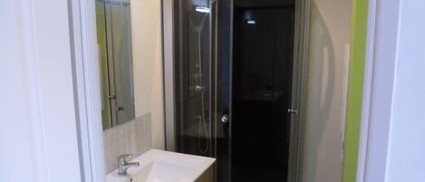 A bathroom with a white sink, a glass shower enclosure, and a mirror.