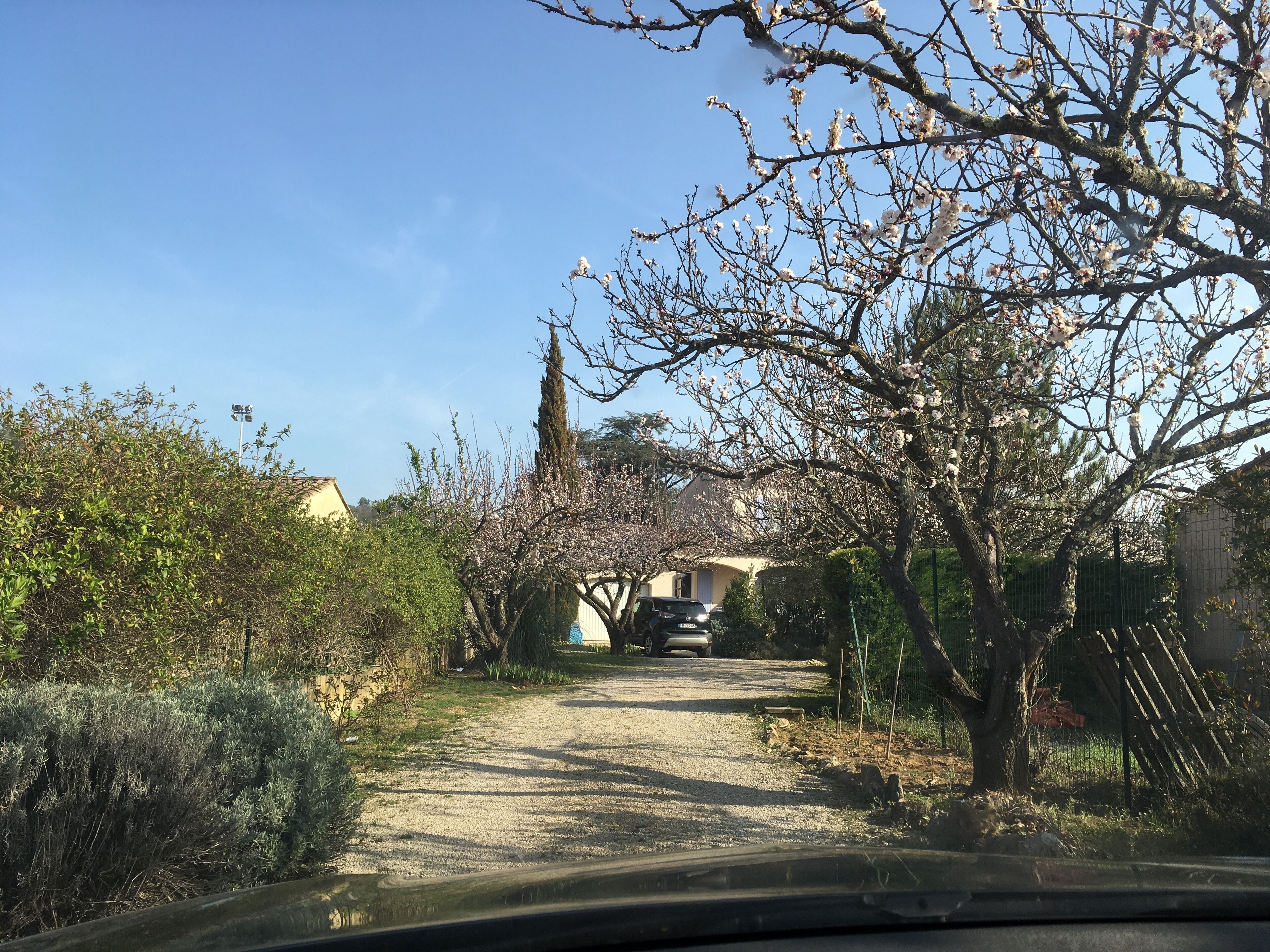 Ein Schotterweg führt zu einem Haus, vor dem ein Auto parkt.