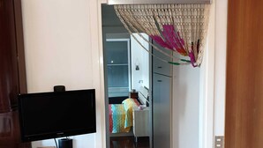 A hallway with a television on the left, a wooden door on the right, and a kitchen area in the background. - appartamento luminoso  con balcone, silenzioso davanti a un parco vicino a GYM (Gallarate)