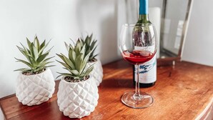 Dos plantas en macetas sobre una mesa de madera, una copa de vino con líquido rojo y una botella al fondo.