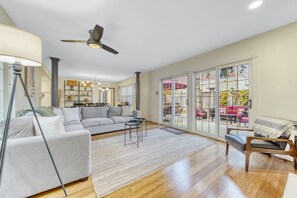 Smart TV, fireplace, books