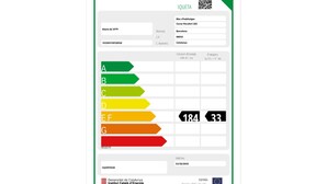 A rating card for a building with a green border, labeled 'IQUETA'. It includes sections for address, block, municipality, province, autonomous community, energy consumption, and emissions. The rating is indicated by colored bars and numerical values. - Sweett | Rocafort Principal 3 (Barcelona)