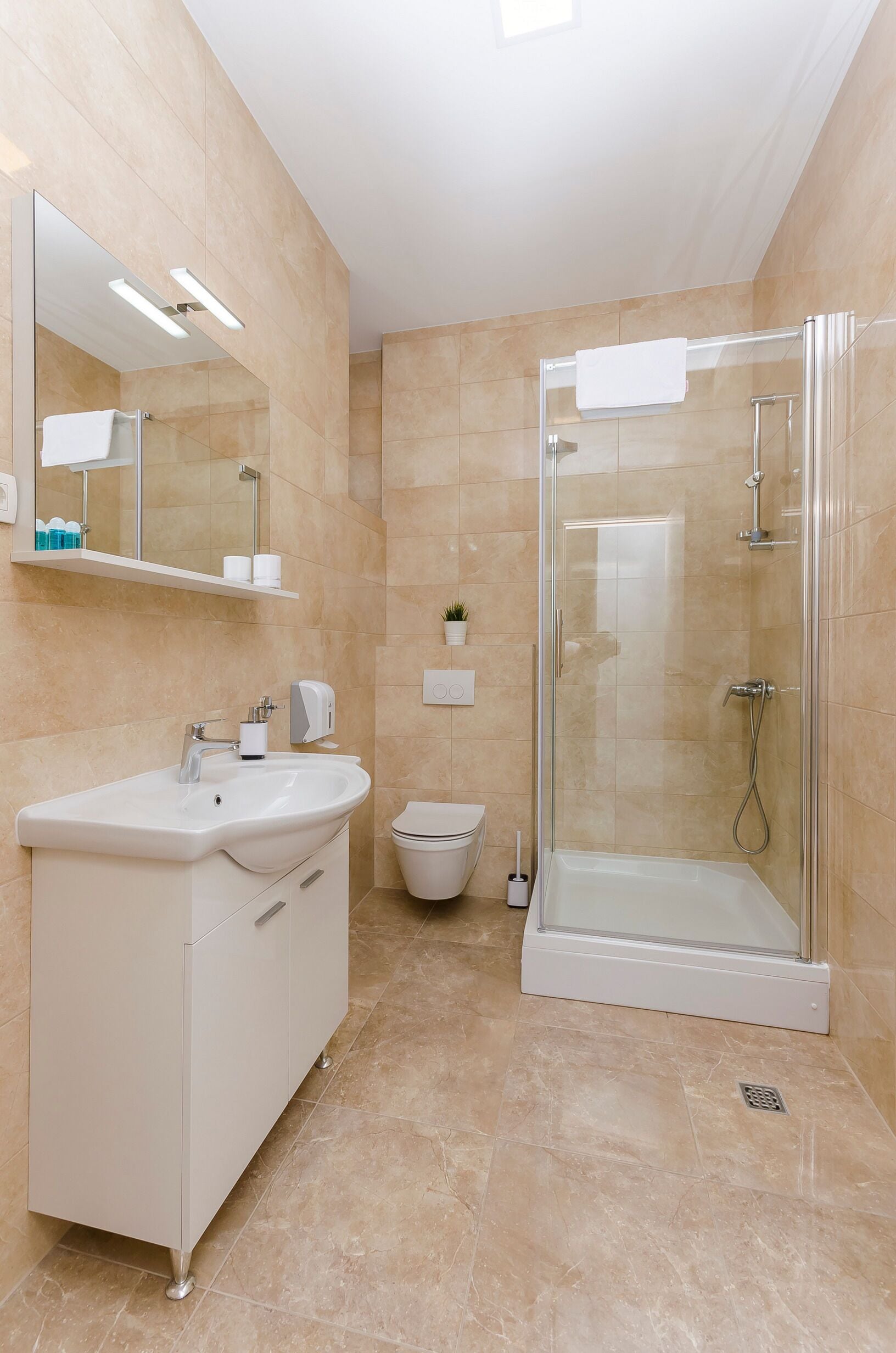 A modern bathroom with a glass-enclosed shower, a white sink, and a mirror above it.