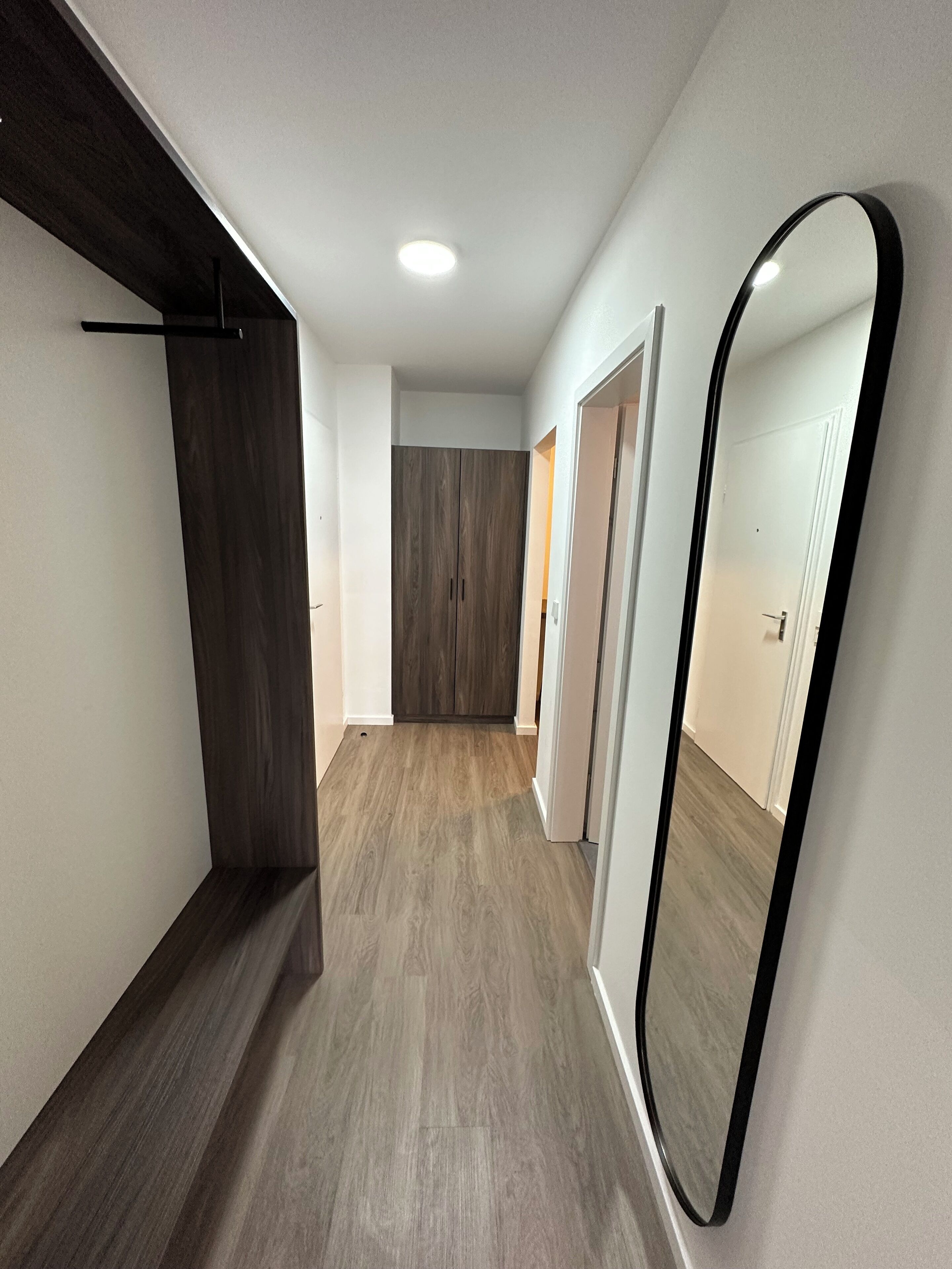 A hallway with a wooden floor, a large mirror, and a wardrobe.